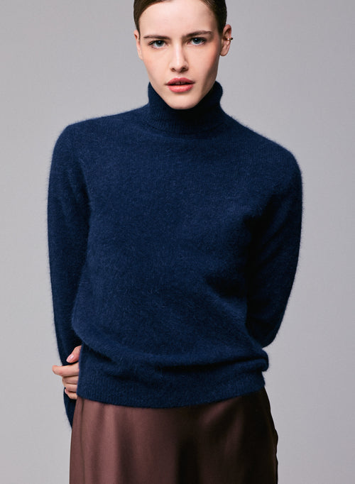 Navy blue Turtleneck Sweater Long Sleeves in Wool / Fox / Polyamide - MAJESTIC FILATURES