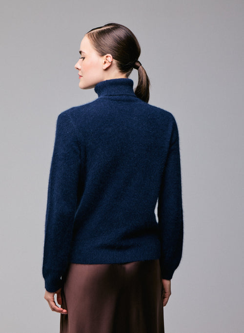 Navy blue Turtleneck Sweater Long Sleeves in Wool / Fox / Polyamide - MAJESTIC FILATURES