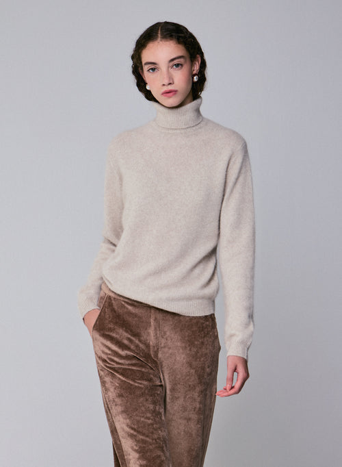 Beige Rollkragenpullover mit langen Ärmeln aus Wolle / Fuchs / Polyamid - MAJESTIC FILATURES