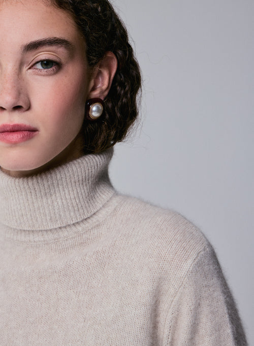 Beige Rollkragenpullover mit langen Ärmeln aus Wolle / Fuchs / Polyamid - MAJESTIC FILATURES