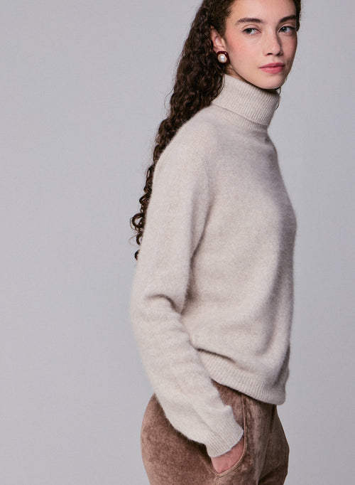 Beige Rollkragenpullover mit langen Ärmeln aus Wolle / Fuchs / Polyamid - MAJESTIC FILATURES