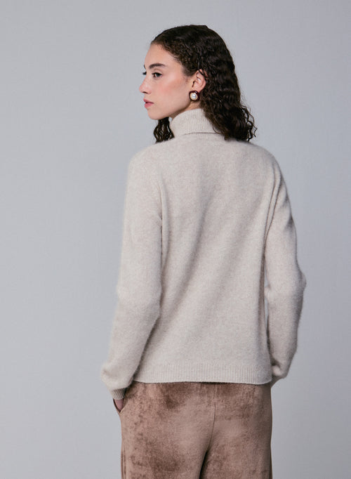 Beige Rollkragenpullover mit langen Ärmeln aus Wolle / Fuchs / Polyamid - MAJESTIC FILATURES