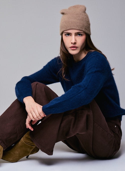 Navy blue Round neck Long Sleeves Sweater in Wool / Fox / Polyamide - MAJESTIC FILATURES