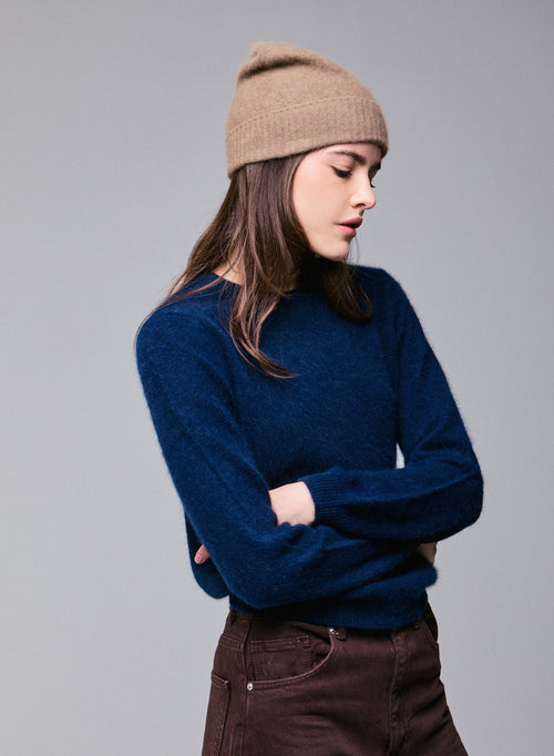 Navy blue Round neck Long Sleeves Sweater in Wool / Fox / Polyamide - MAJESTIC FILATURES