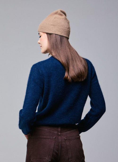 Navy blue Round neck Long Sleeves Sweater in Wool / Fox / Polyamide - MAJESTIC FILATURES