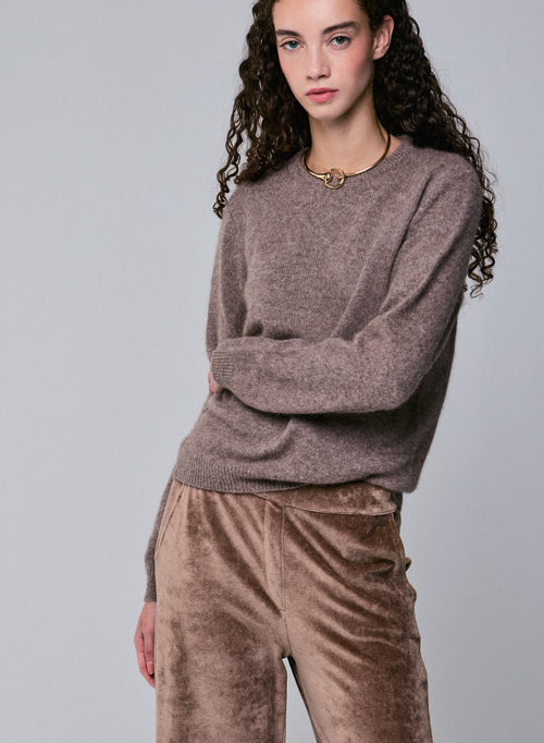 Beigefarbener Pullover mit Rundhalsausschnitt und langen Ärmeln aus Wolle / Fuchs / Polyamid - MAJESTIC FILATURES