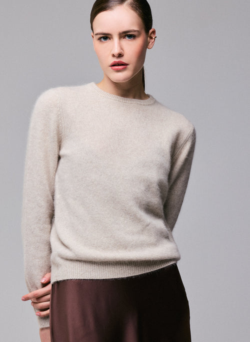 Beigefarbener Pullover mit Rundhalsausschnitt und langen Ärmeln aus Wolle / Fuchs / Polyamid - MAJESTIC FILATURES