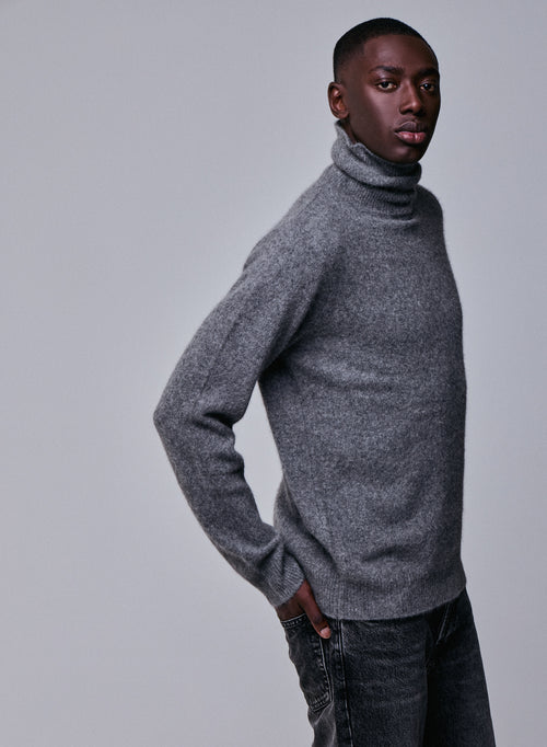 Grauer langärmeliger Rollkragenpullover aus Wolle / Fuchs / Polyamid - MAJESTIC FILATURES