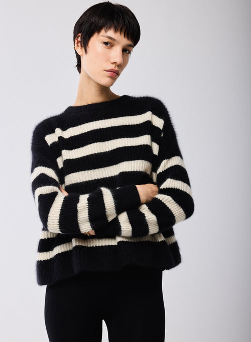 Jersey Negro / Beige Cuello Redondo Mangas Largas en Lana / Zorro / Poliamida - MAJESTIC FILATURES