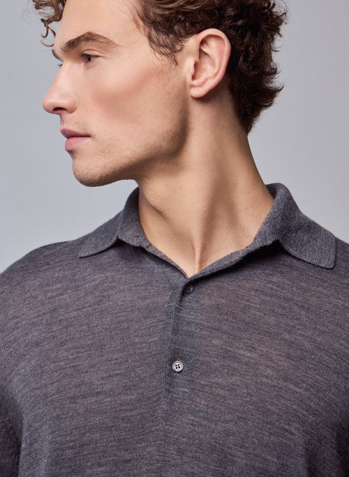 Grey Polo Shirt Long Sleeve Merino Wool Polo Shirt - MAJESTIC FILATURES