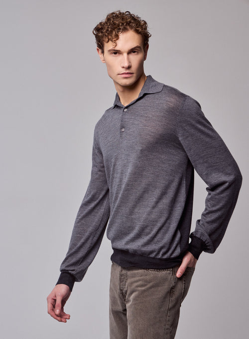 Grey Polo Shirt Long Sleeve Merino Wool Polo Shirt - MAJESTIC FILATURES