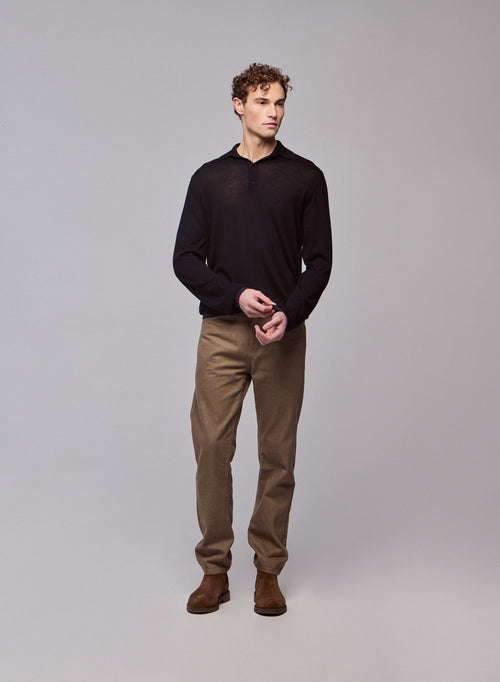 Black / Grey Polo Shirt Long Sleeve Merino Wool Polo Shirt - MAJESTIC FILATURES