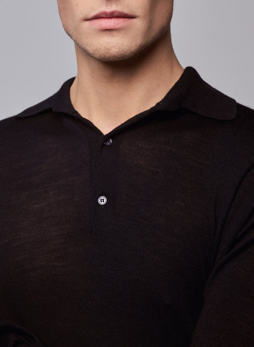 Black / Grey Polo Shirt Long Sleeve Merino Wool Polo Shirt - MAJESTIC FILATURES
