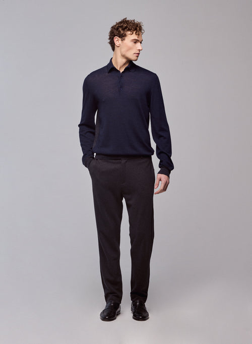 Navy Polo Polo Long Sleeve Merino Wool - MAJESTIC FILATURES