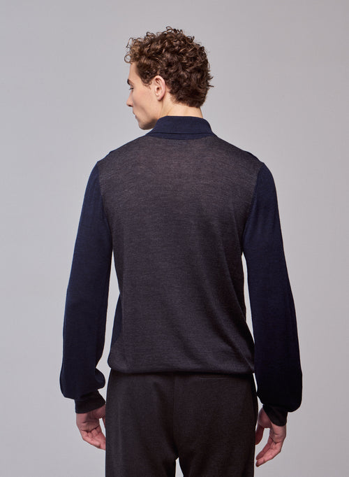 Navy Polo Polo Long Sleeve Merino Wool - MAJESTIC FILATURES