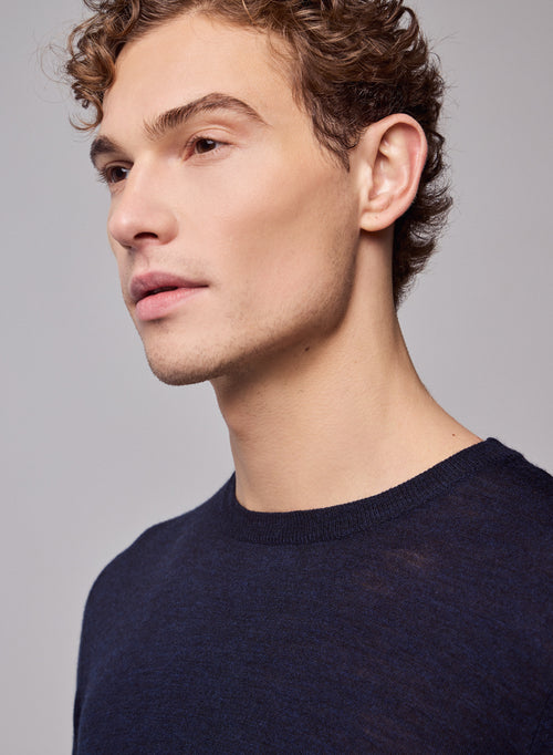 Navy Long Sleeve Round Neck Sweater in Merino Wool - MAJESTIC FILATURES