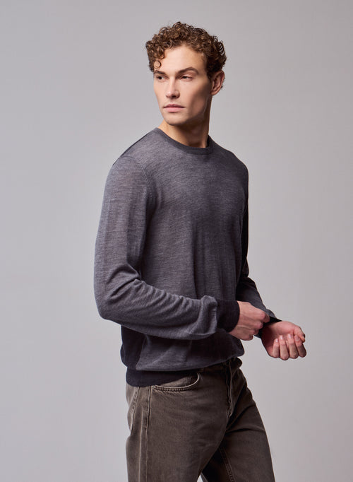 Grey Round Neck Long Sleeve Merino Wool Sweater - MAJESTIC FILATURES