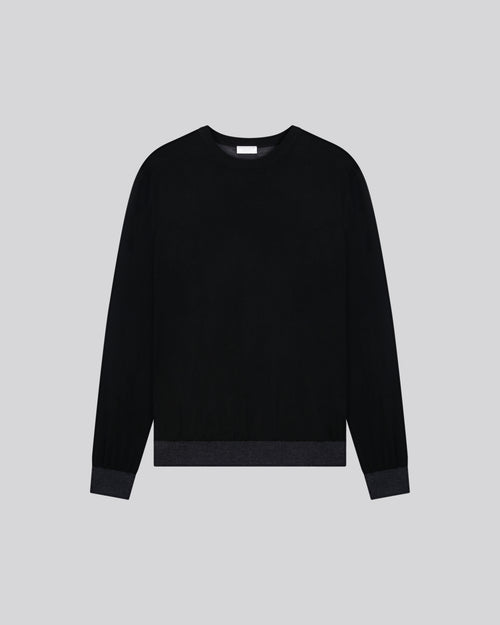 Black / Grey Long Sleeve Round Neck Sweater in Merino Wool - MAJESTIC FILATURES