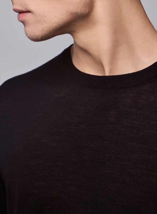 Black / Grey Long Sleeve Round Neck Sweater in Merino Wool - MAJESTIC FILATURES