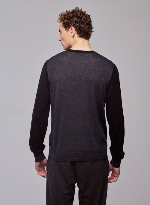 Black / Grey Long Sleeve Round Neck Sweater in Merino Wool - MAJESTIC FILATURES