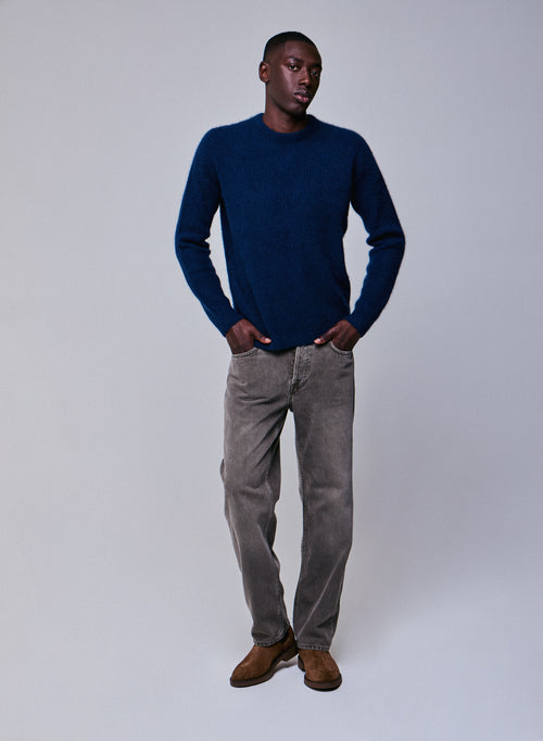Navy long sleeve round neck sweater in wool / Fox / Polyamide - MAJESTIC FILATURES