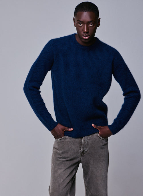 Navy long sleeve round neck sweater in wool / Fox / Polyamide - MAJESTIC FILATURES