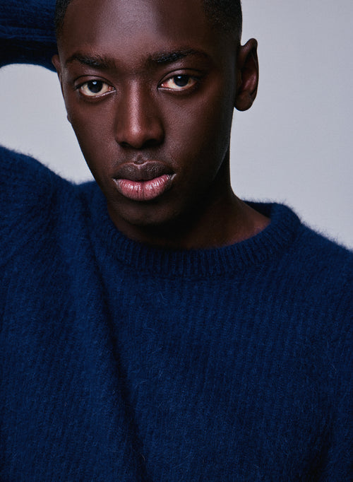 Navy long sleeve round neck sweater in wool / Fox / Polyamide - MAJESTIC FILATURES