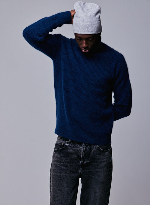 Marineblauer Rollkragenpullover mit langen Ärmeln aus Wolle / Fuchs / Polyamid - MAJESTIC FILATURES