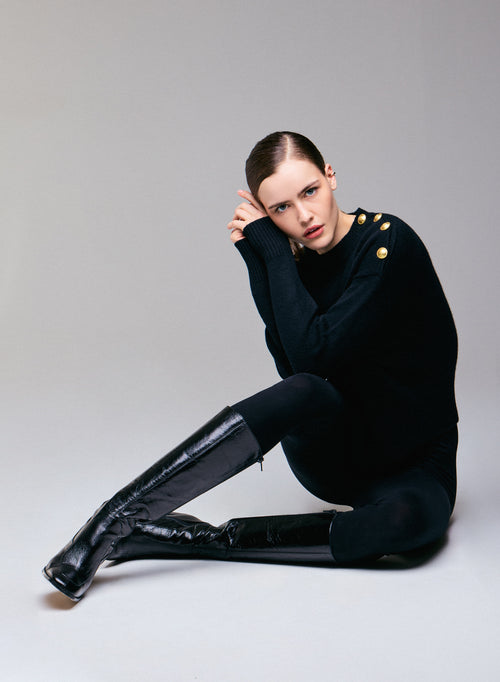 Jersey negro de cuello redondo y manga larga de lana / cachemir - MAJESTIC FILATURES