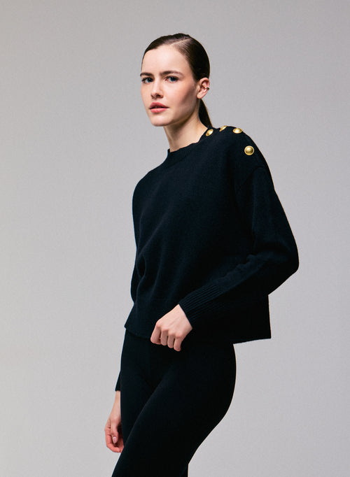 Schwarzer Rundhalspullover mit langen Ärmeln aus Wolle / Kaschmir - MAJESTIC FILATURES