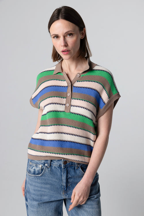 Sleeveless multi-coloured striped cotton polo shirt - MAJESTIC FILATURES