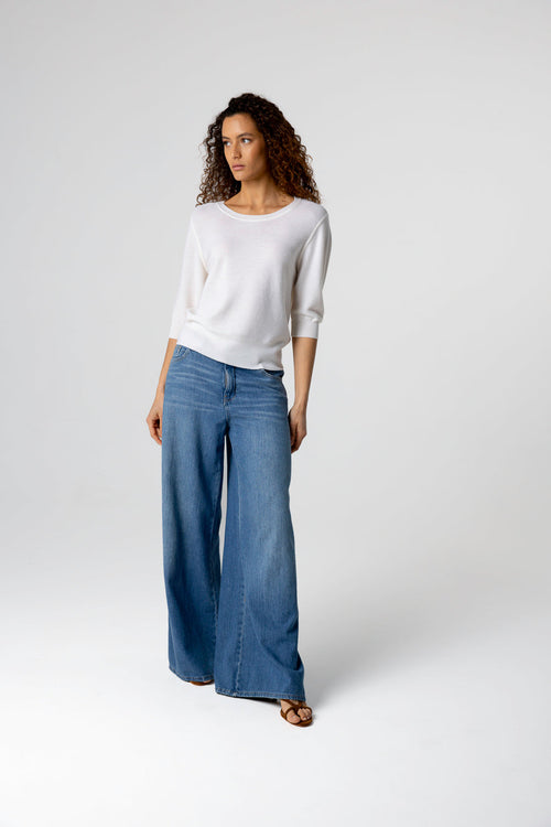 Pullover mit Rundhalsausschnitt und Ellbogenärmeln aus extrafeiner Merinowolle in Weiß - MAJESTIC FILATURES