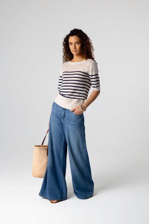 Blue Moon Striped Sweater Round Neck Elbow Sleeves in Linen - MAJESTIC FILATURES