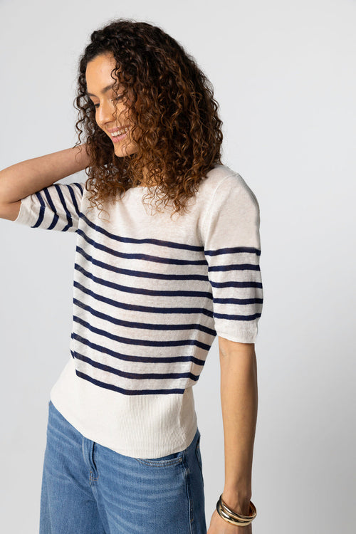 Blue Moon Striped Sweater Round Neck Elbow Sleeves in Linen - MAJESTIC FILATURES