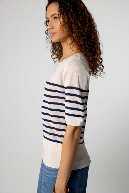 Blue Moon Striped Sweater Round Neck Elbow Sleeves in Linen - MAJESTIC FILATURES