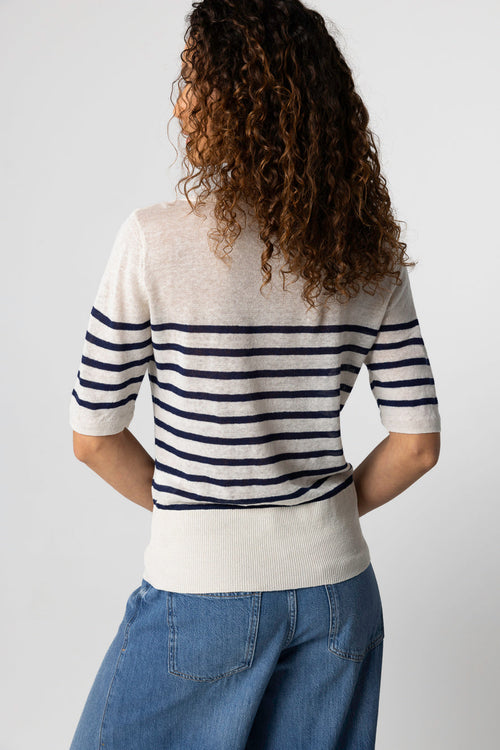 Blue Moon Striped Sweater Round Neck Elbow Sleeves in Linen - MAJESTIC FILATURES