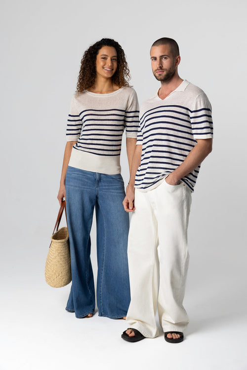 Blue Moon Striped Sweater Round Neck Elbow Sleeves in Linen - MAJESTIC FILATURES