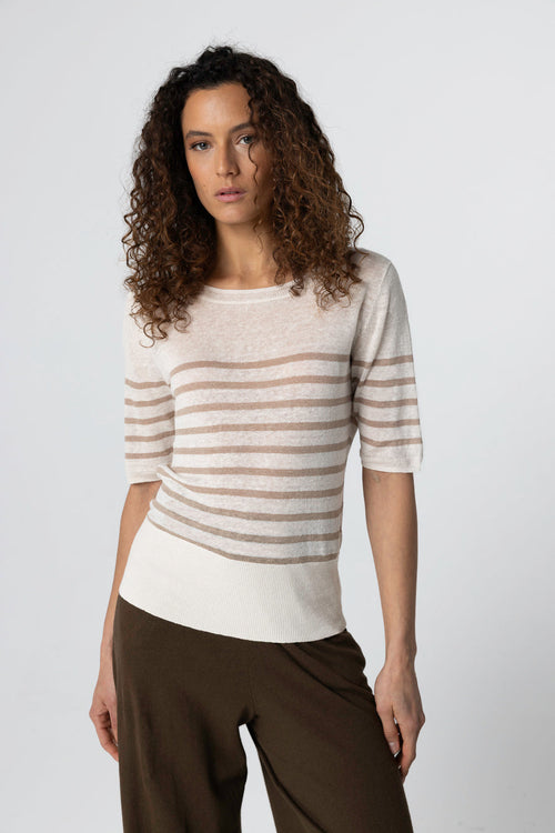 Streifenpullover in Wüstensandfarbe mit Rundhalsausschnitt und Ellbogenärmeln aus Leinen - MAJESTIC FILATURES