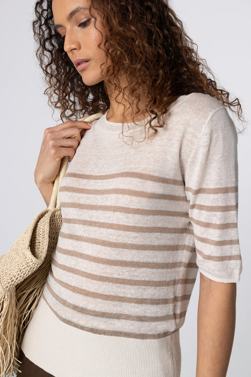 Streifenpullover in Wüstensandfarbe mit Rundhalsausschnitt und Ellbogenärmeln aus Leinen - MAJESTIC FILATURES