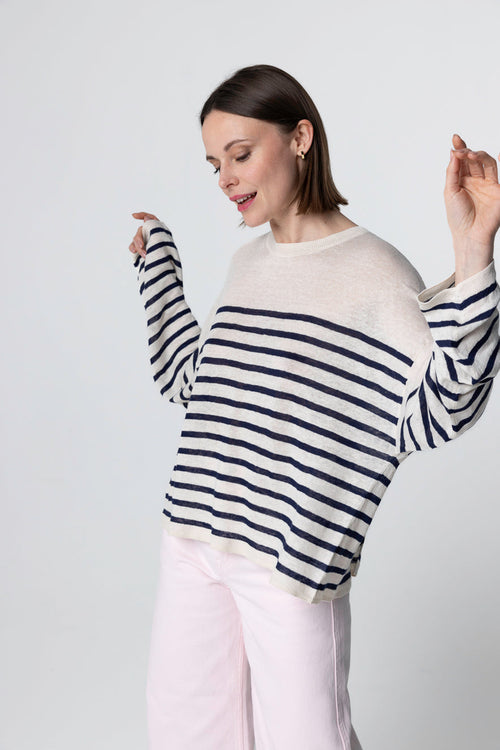 Streifenpullover Blue Moon mit Rundhalsausschnitt und langen Ärmeln aus Leinen - MAJESTIC FILATURES