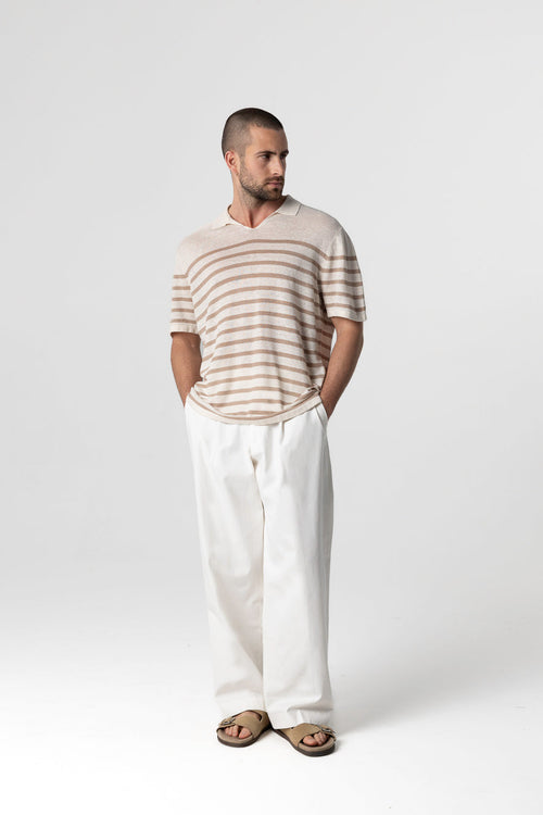 Desert polo shirt with white stripes and short sleeves in linen - MAJESTIC FILATURES