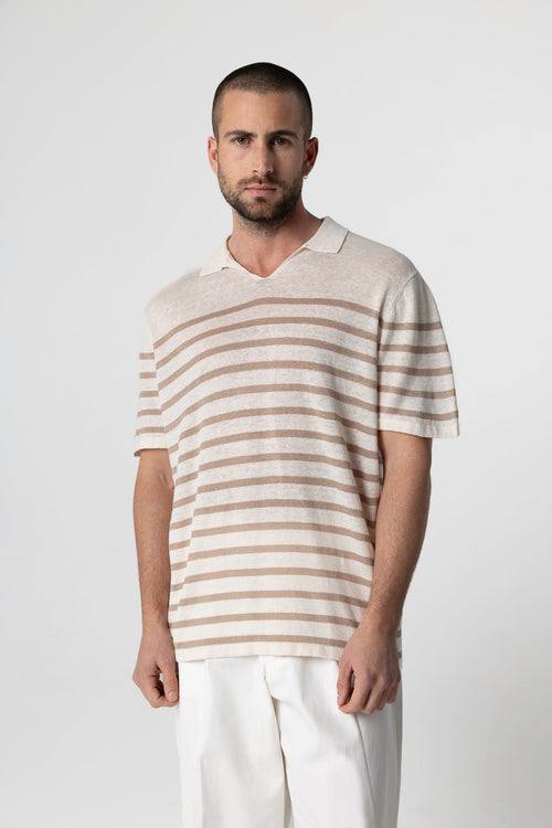 Kurzärmeliges Polohemd in wüstensandfarbe mit Streifen aus Leinen - MAJESTIC FILATURES
