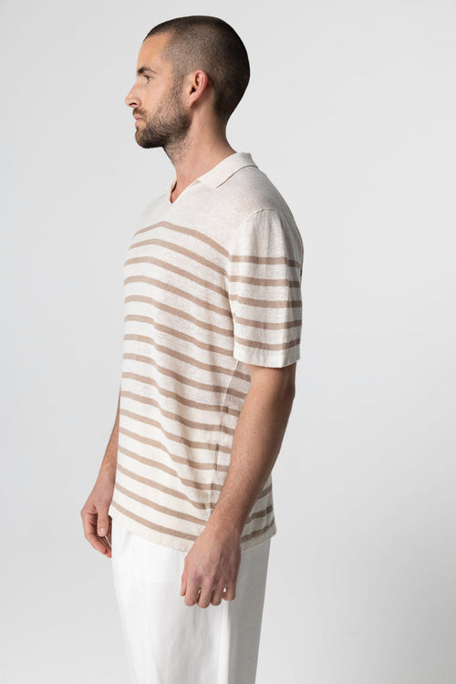 Kurzärmeliges Polohemd in wüstensandfarbe mit Streifen aus Leinen - MAJESTIC FILATURES