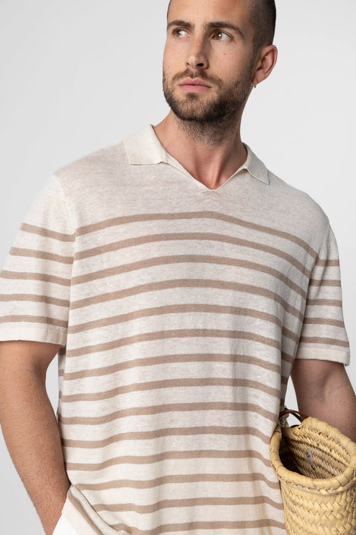 Kurzärmeliges Polohemd in wüstensandfarbe mit Streifen aus Leinen - MAJESTIC FILATURES