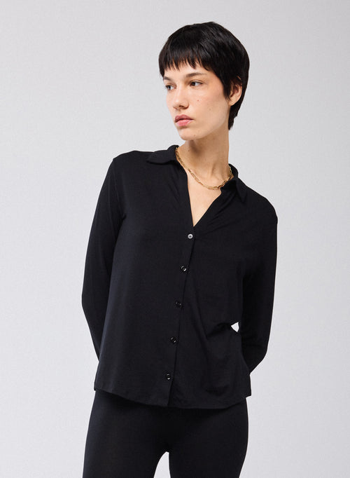 Black Long Sleeve Shirt in Viscose and Elastane - MAJESTIC FILATURES