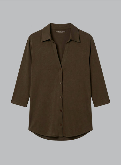 Dark Brown Three-Quarter-Sleeve Collared Shirt in Viscose / Elastane - MAJESTIC FILATURES