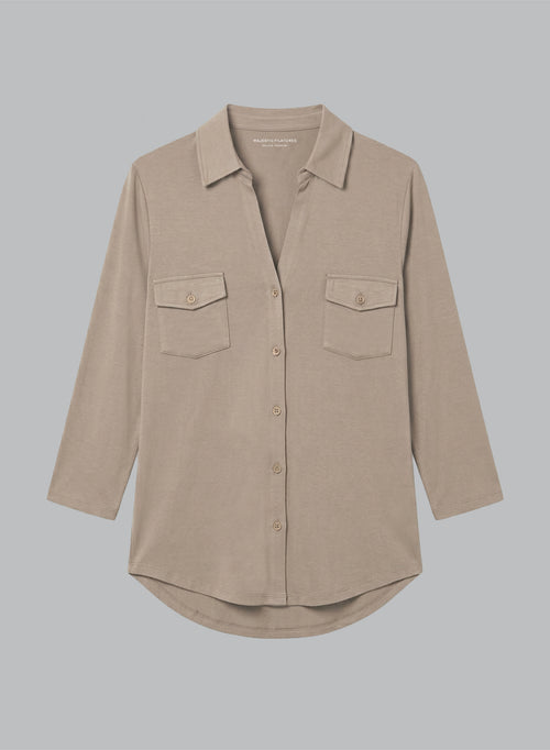 Brown Three-Quarter-Sleeve Collared Shirt in Viscose / Elastane - MAJESTIC FILATURES