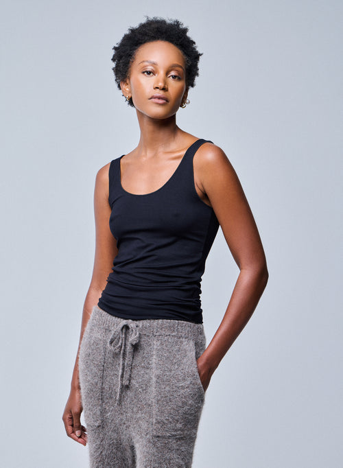 Abby U-Neck Tank Top with bourdon stitch in white and in Viscose / elastane.  Available on our e-shop. Secured payment. Customized customer service. - MAJESTIC FILATURES