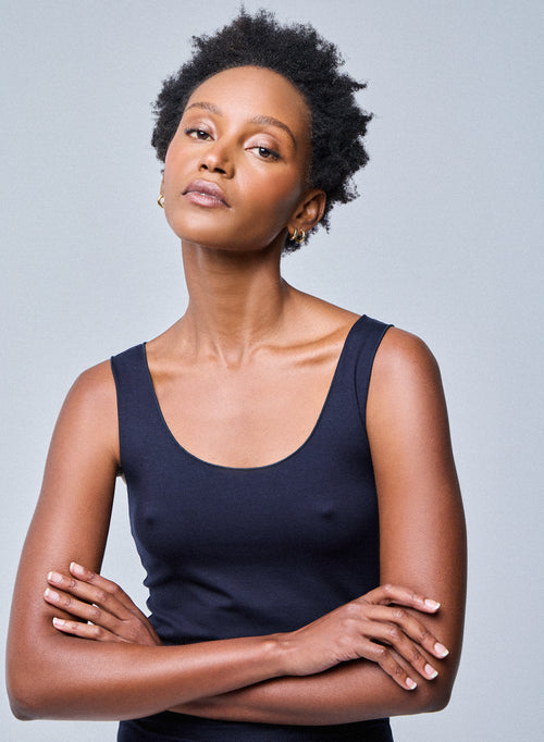 Abby U-Neck Tank Top with bourdon stitch in black and in Viscose / elastane.  Available on our e-shop. Secured payment. Customized customer service. - MAJESTIC FILATURES