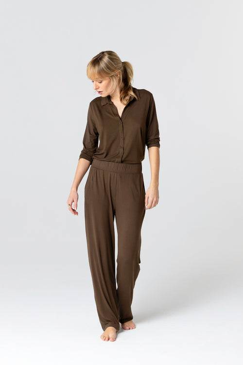 Pantalon Marron Foncé en Viscose / Elasthanne - MAJESTIC FILATURES